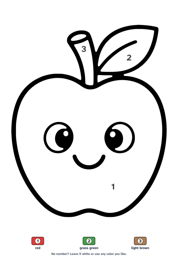 Color by number worksheet of one big apple with a stem and a leaf, with a 3-color key