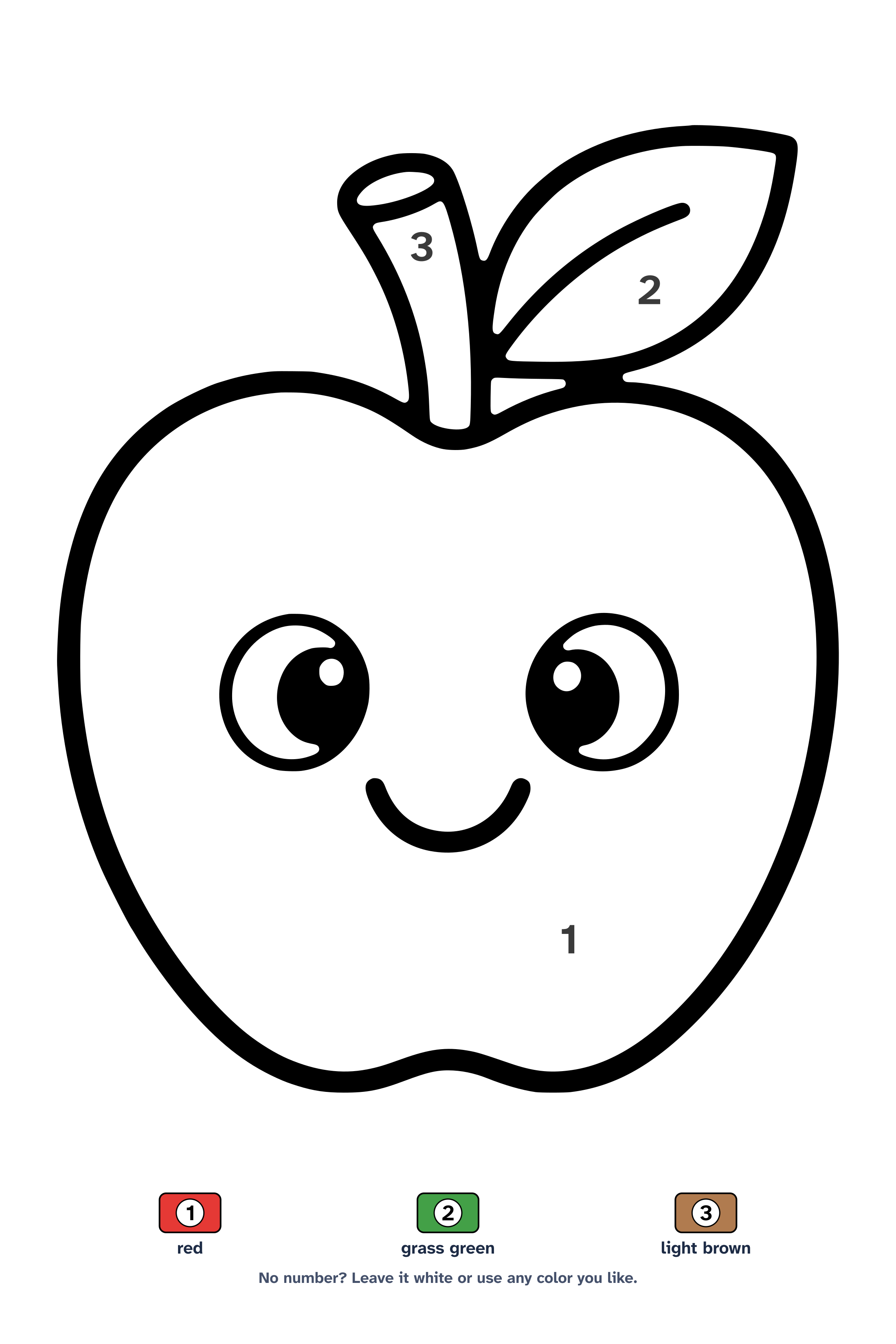 Color by number worksheet of one big apple with a stem and a leaf, with a 3-color key