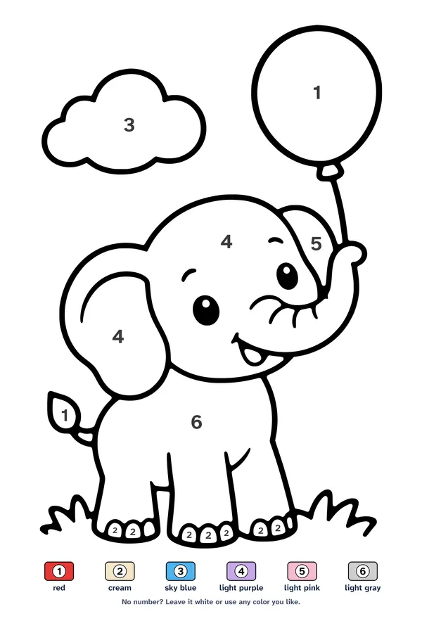 Color by number worksheet of a cute baby elephant holding a balloon with its trunk, with a 6-color key