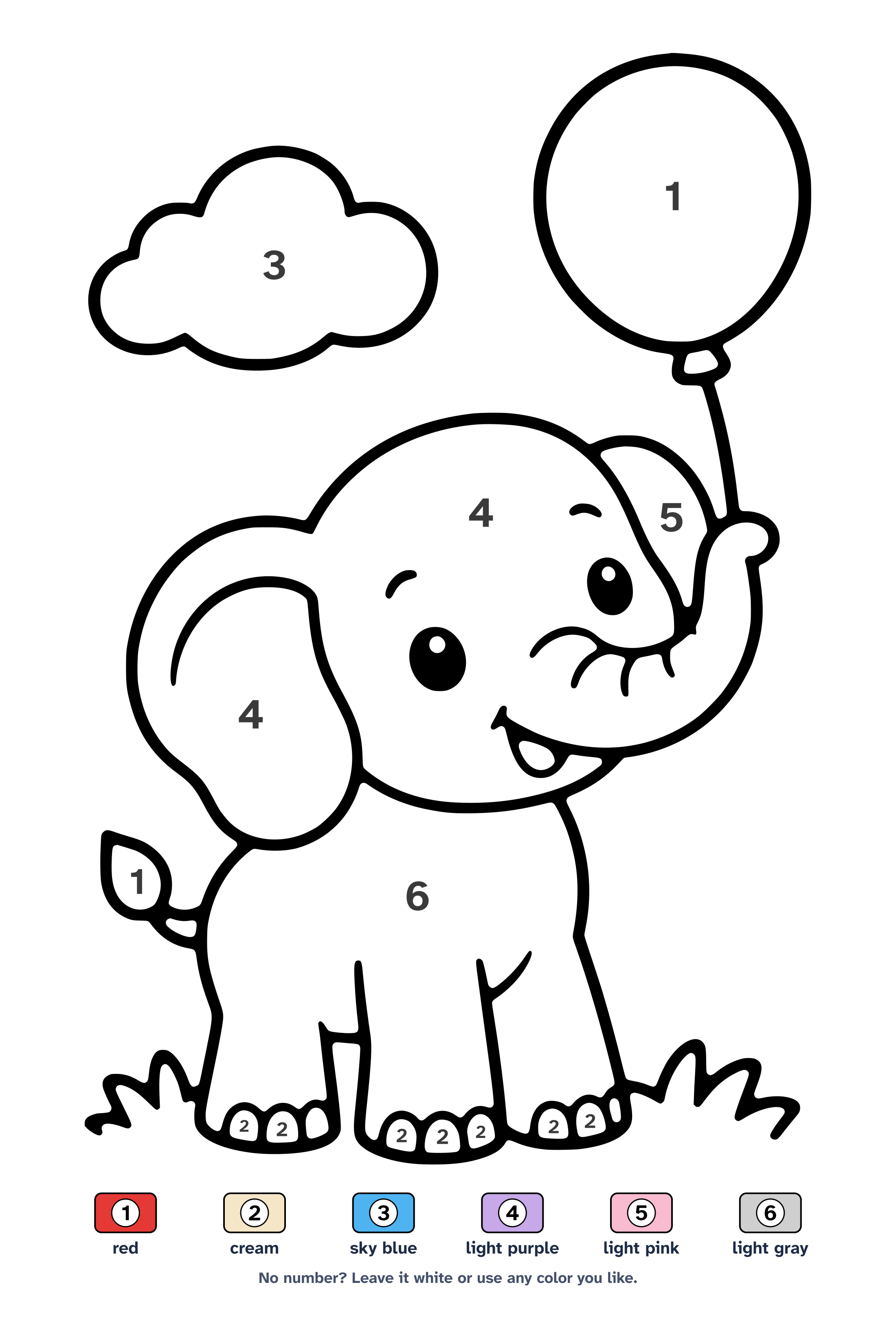 Color by number worksheet of a cute baby elephant holding a balloon with its trunk, with a 6-color key