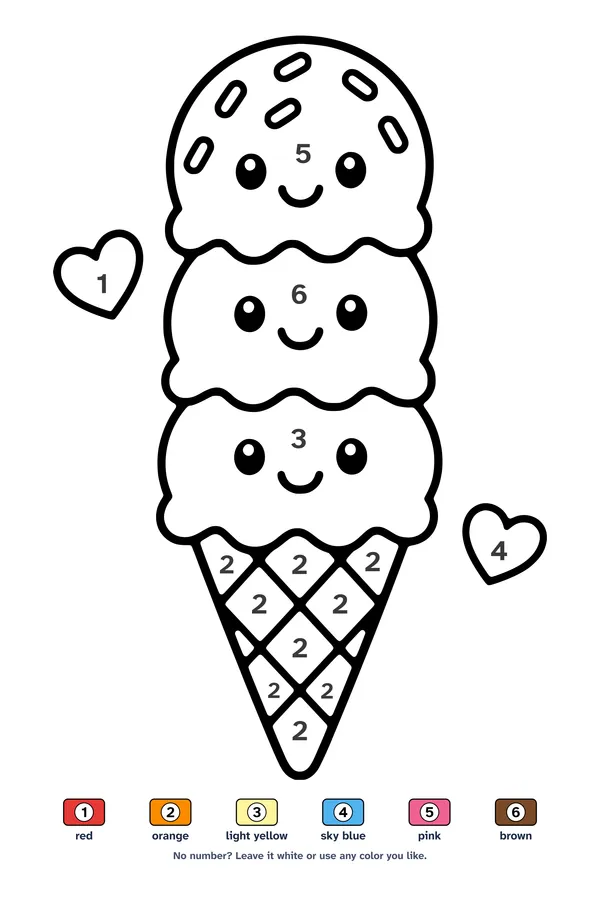 Color by number worksheet of a smiling three-scoop ice cream cone with sprinkles, with a 6-color key