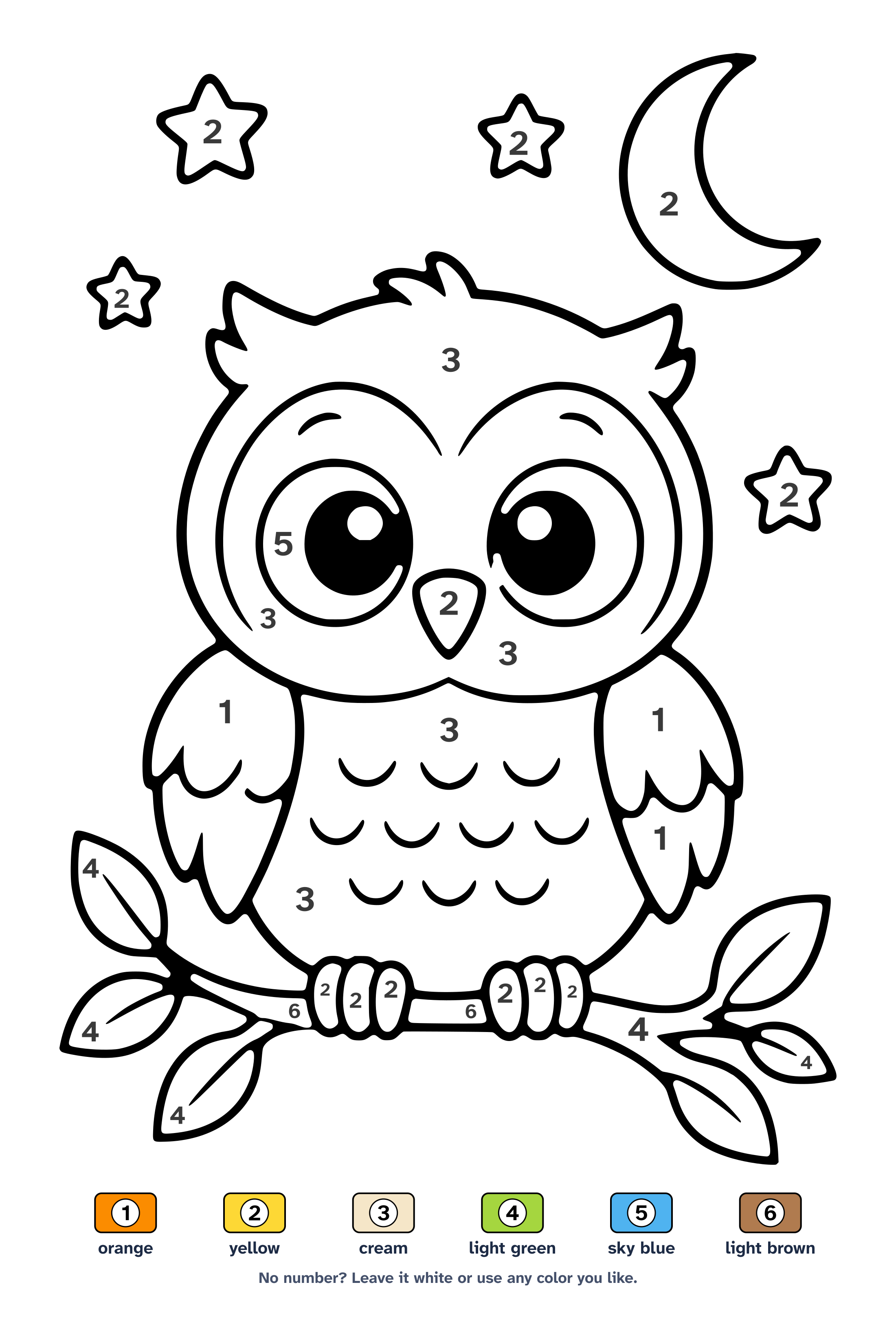 Color by number worksheet of a cute round owl with big eyes sitting on a branch under the moon, with a 6-color key