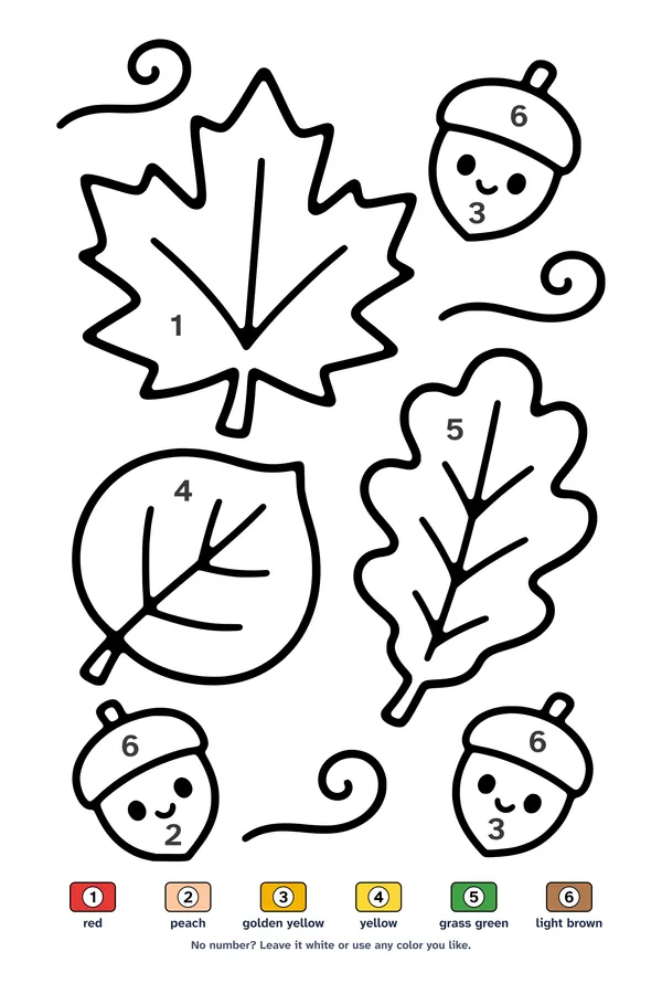 Color by number worksheet of large maple and oak leaves with three acorns, with a 6-color key