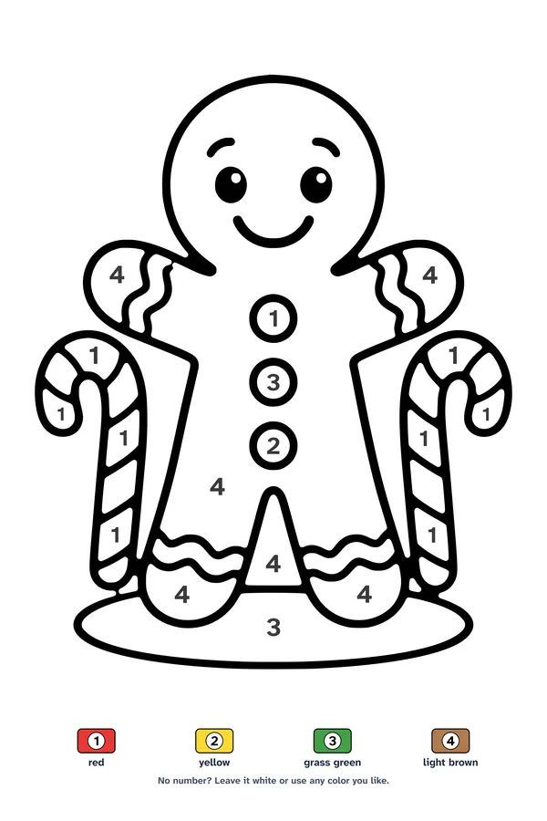 Color by number worksheet of a smiling gingerbread man with icing buttons between two candy canes, with a 4-color key