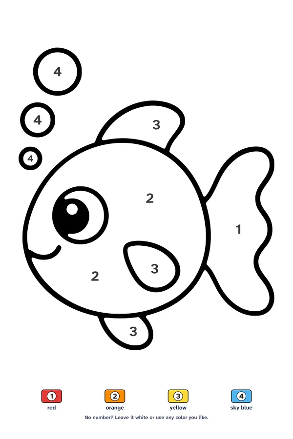 Color by number worksheet of one big cute fish with three bubbles, with a 4-color key