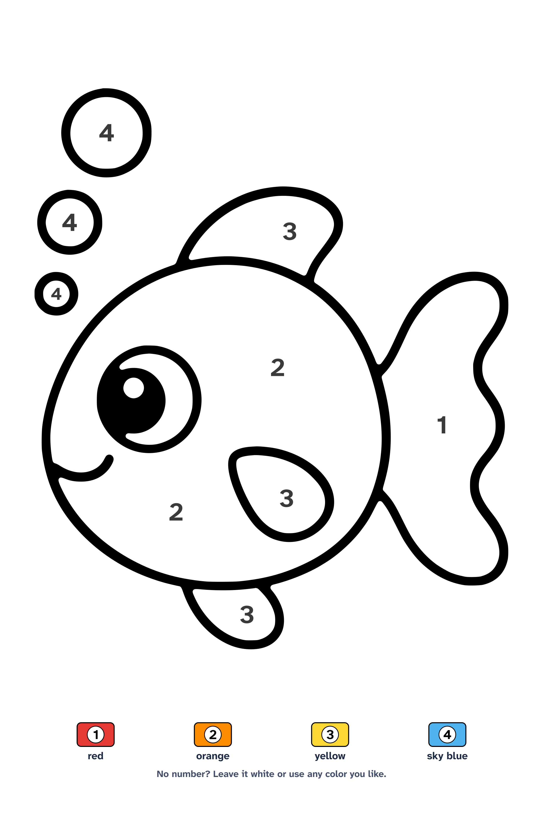 Color by number worksheet of one big cute fish with three bubbles, with a 4-color key