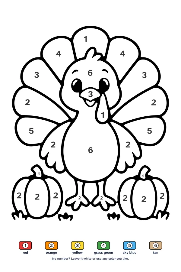 Color by number worksheet of a smiling turkey standing between two pumpkins, with a 6-color key