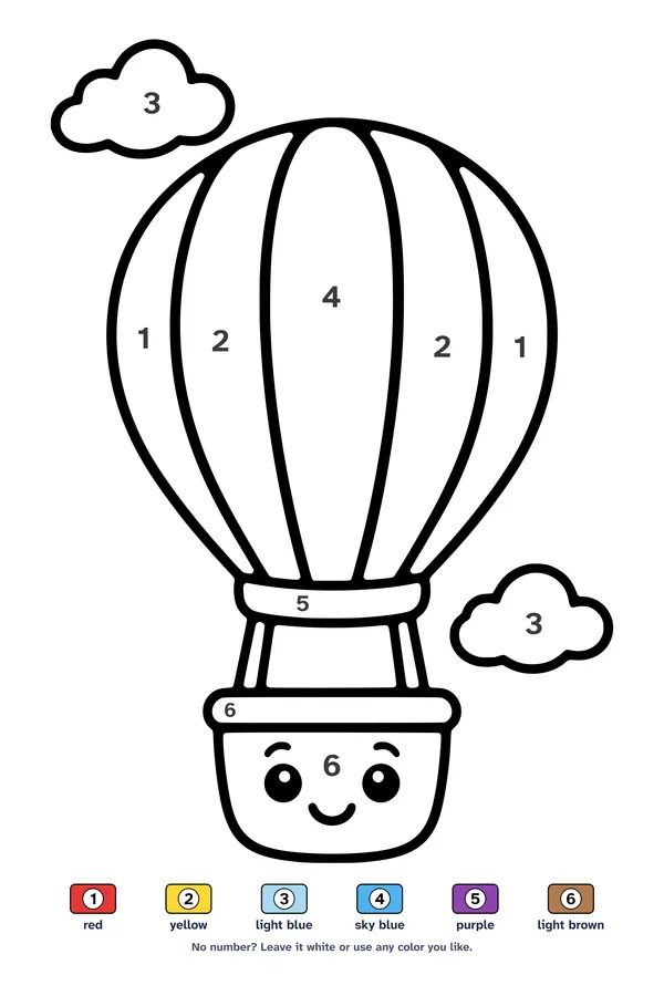 Color by number worksheet of a striped hot air balloon with a smiling basket and two clouds, with a 6-color key