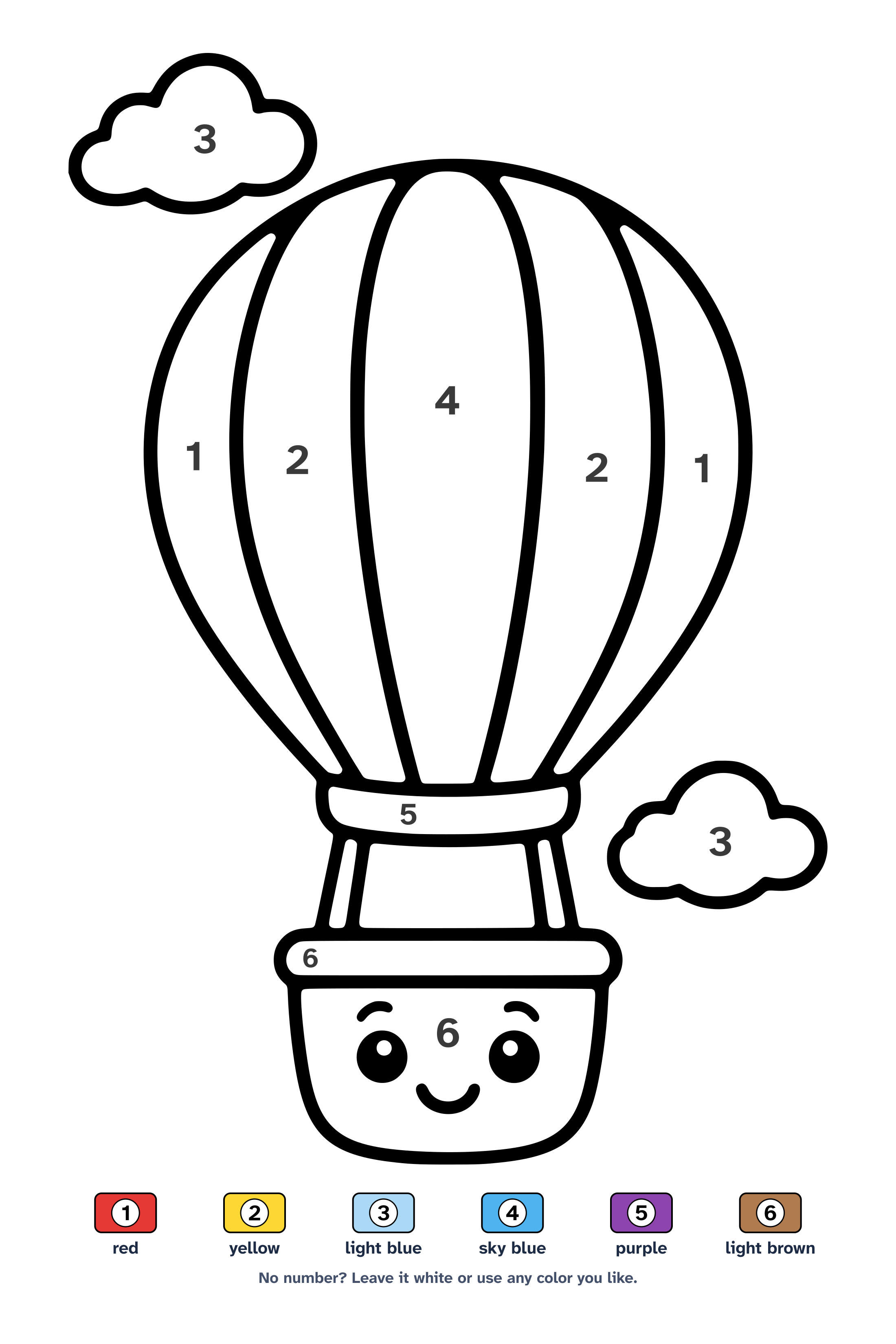 Color by number worksheet of a striped hot air balloon with a smiling basket and two clouds, with a 6-color key