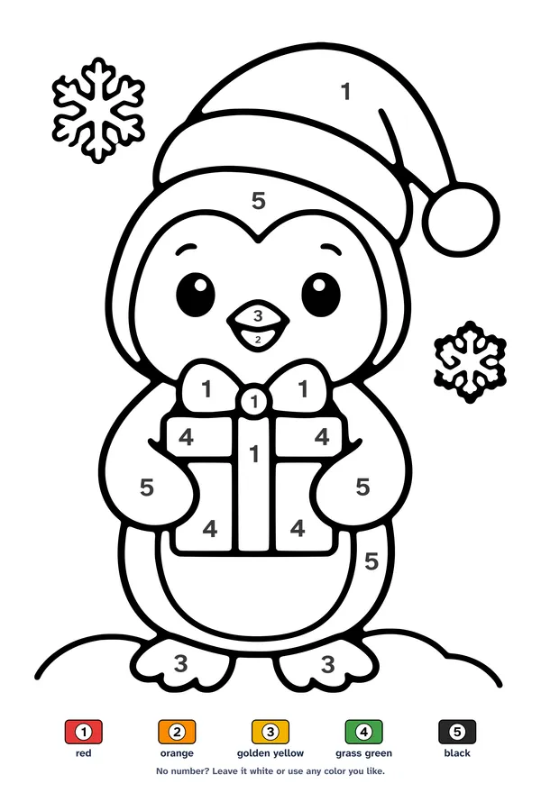 Color by number worksheet of a cute penguin in a Santa hat holding a present, with a 5-color key