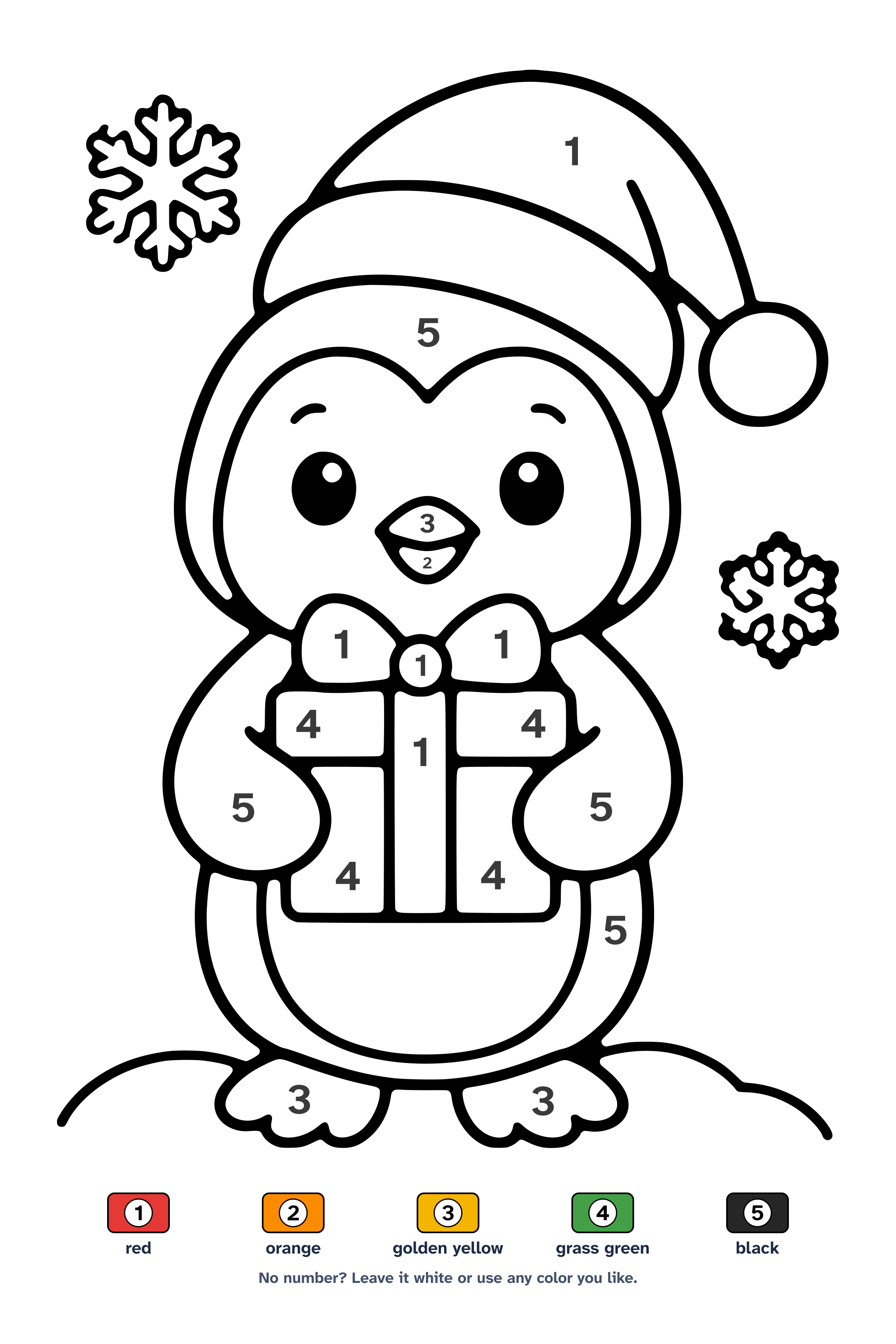 Color by number worksheet of a cute penguin in a Santa hat holding a present, with a 5-color key