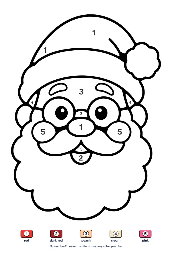 Color by number worksheet of a big friendly Santa face with a pompom hat and curly beard, with a 5-color key
