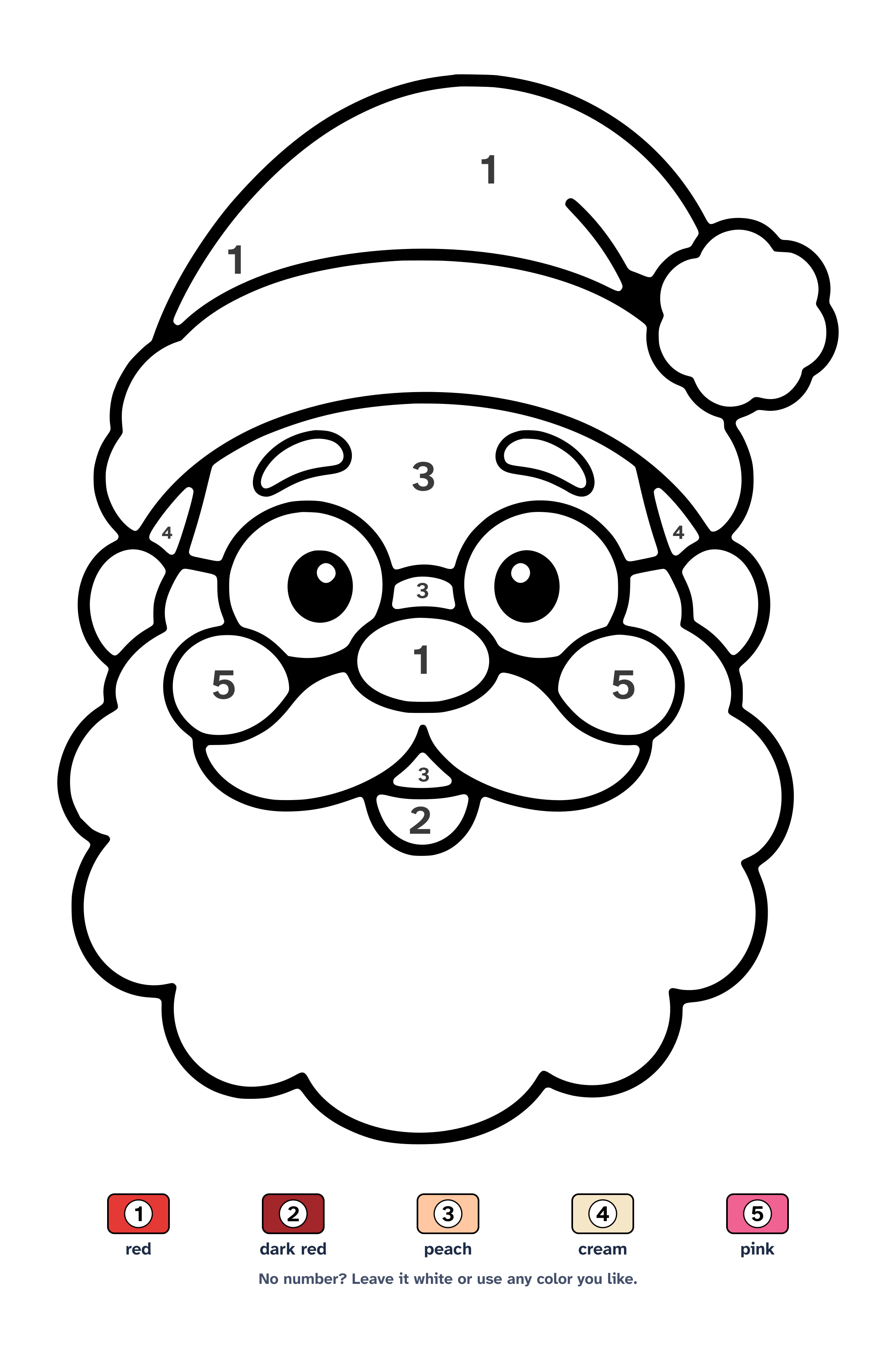Color by number worksheet of a big friendly Santa face with a pompom hat and curly beard, with a 5-color key
