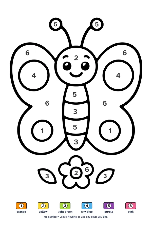 Color by number worksheet of a smiling butterfly with big wings and round spots, with a 6-color key