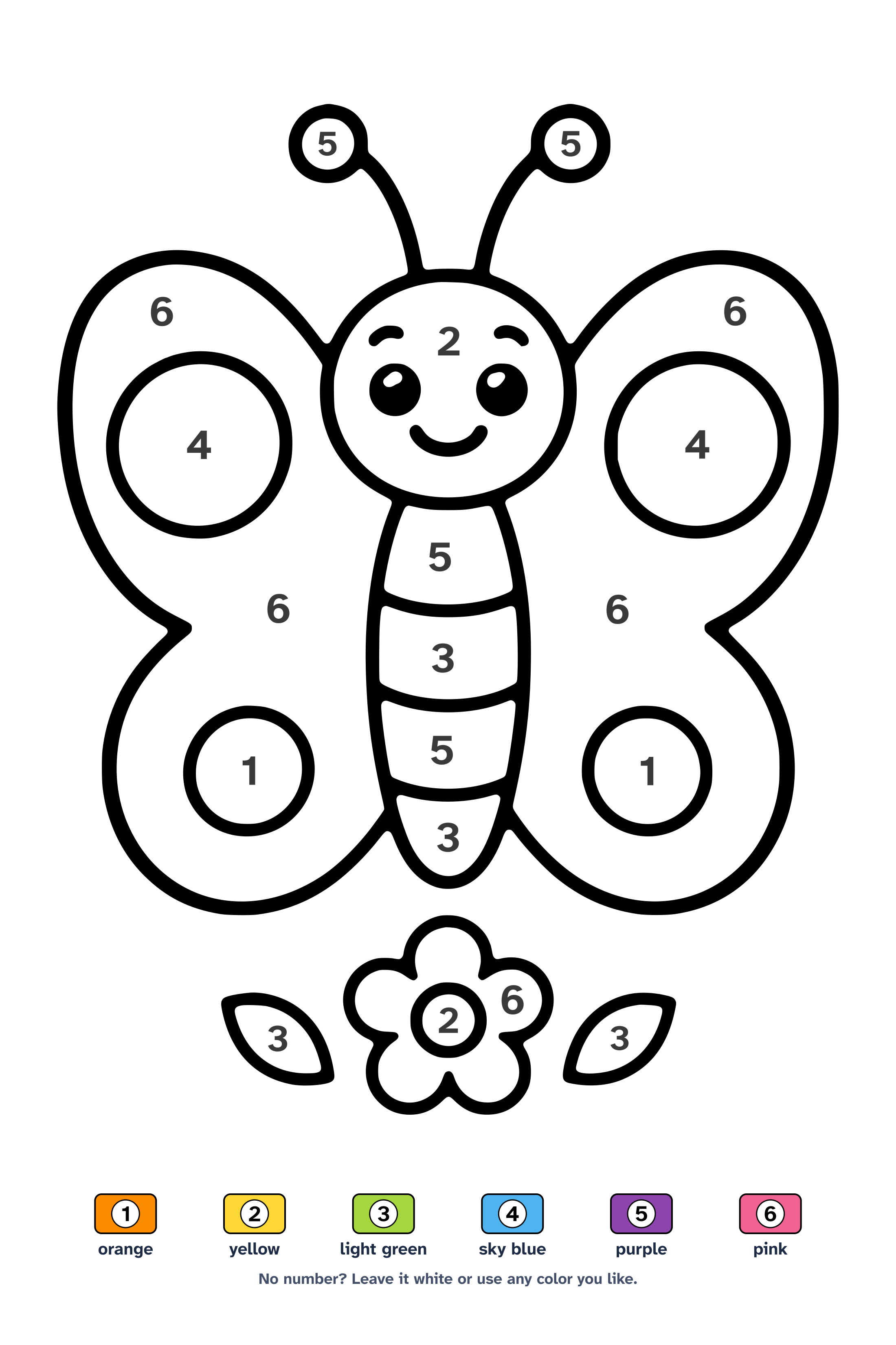 Color by number worksheet of a smiling butterfly with big wings and round spots, with a 6-color key