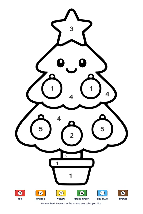 Color by number worksheet of a simple three-layer Christmas tree with a star and big ornaments, with a 6-color key