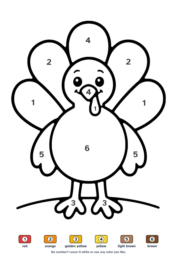 Color by number worksheet of a simple round turkey with five big tail feathers, with a 6-color key