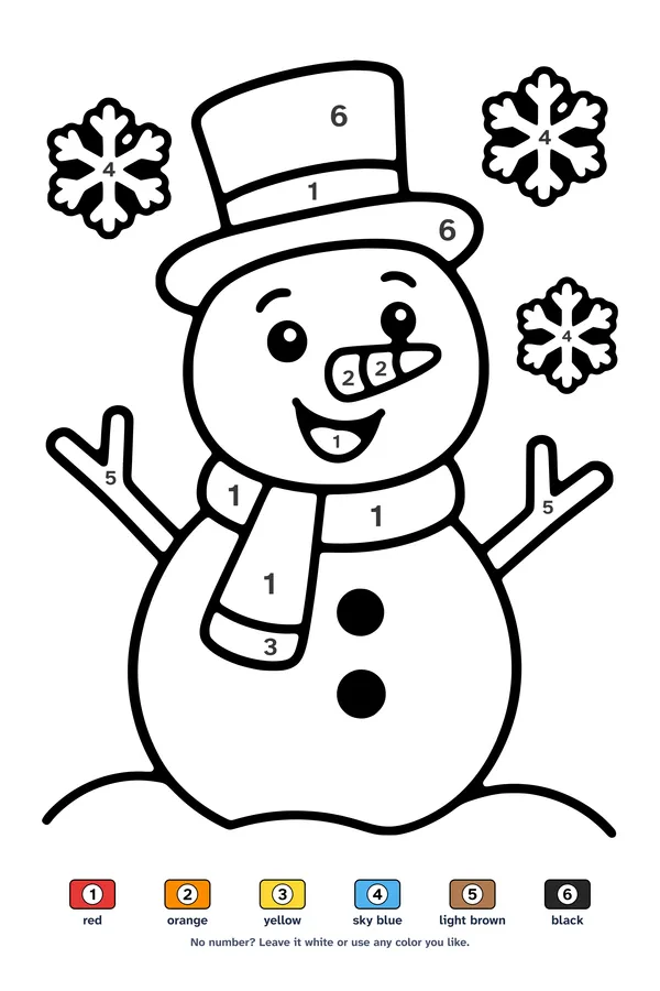 Color by number worksheet of a happy snowman with a top hat, scarf and carrot nose, with a 6-color key
