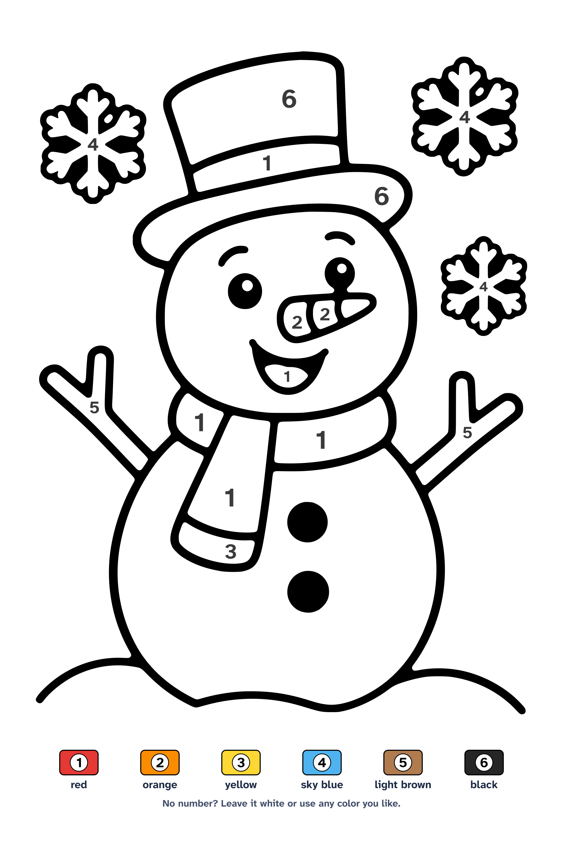 Color by number worksheet of a happy snowman with a top hat, scarf and carrot nose, with a 6-color key