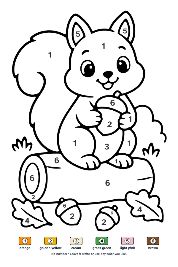 Color by number worksheet of a cute squirrel holding an acorn while sitting on a log, with a 6-color key