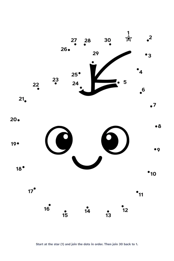 Dot to dot worksheet with 30 numbered dots that draw one big apple with a stem and a leaf