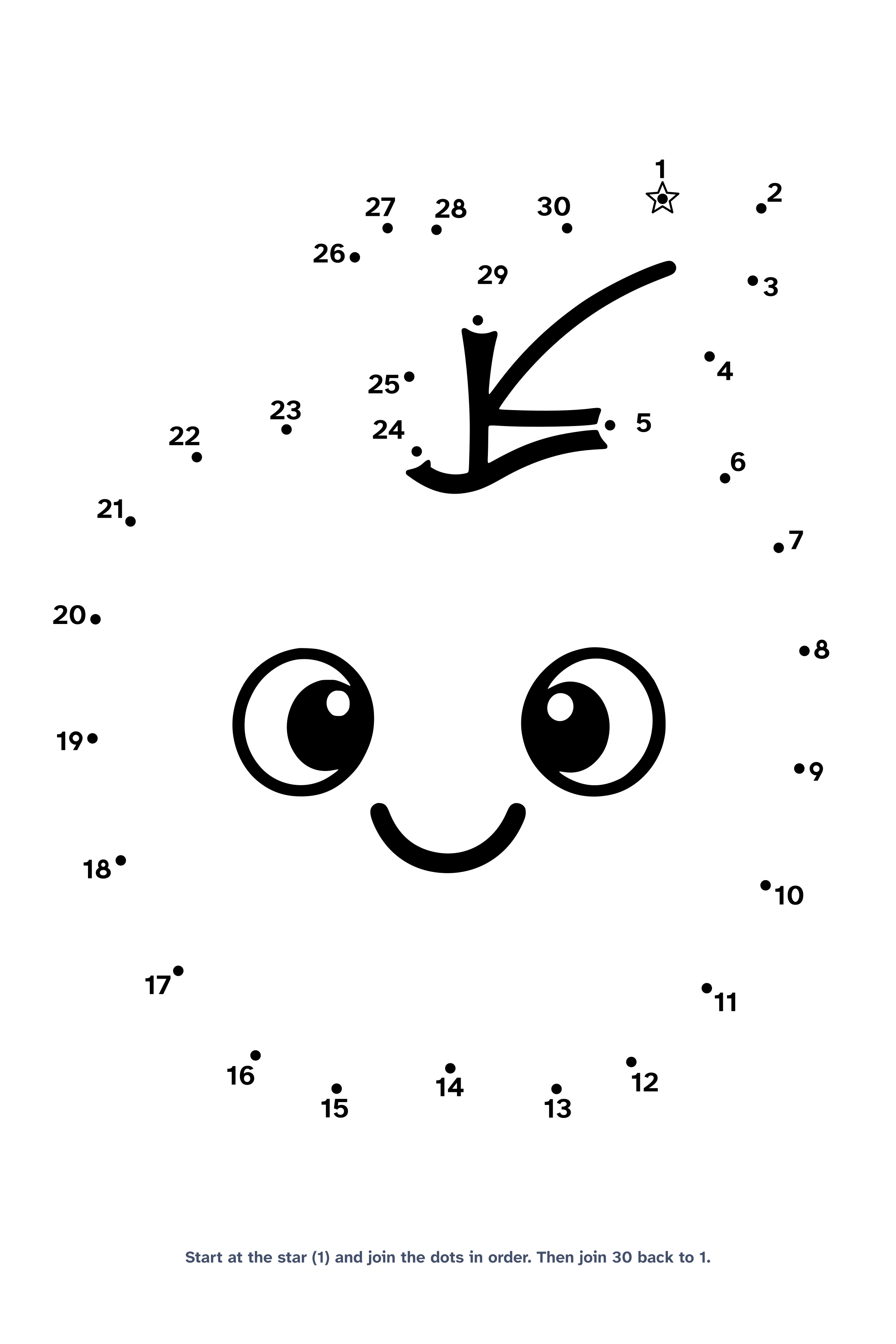 Dot to dot worksheet with 30 numbered dots that draw one big apple with a stem and a leaf