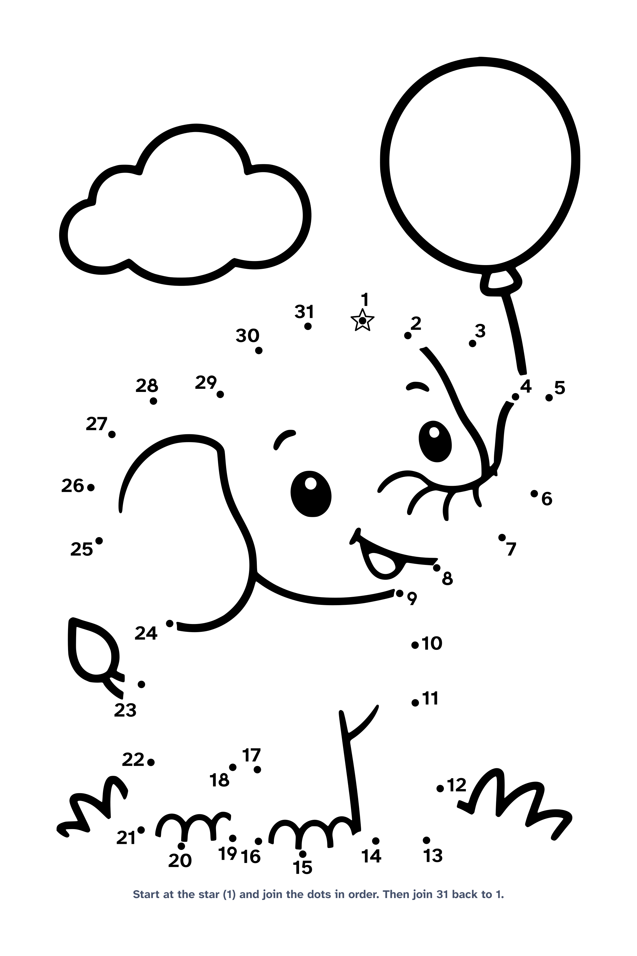 Dot to dot worksheet with 31 numbered dots that draw a cute baby elephant holding a balloon with its trunk