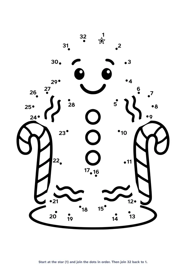 Dot to dot worksheet with 32 numbered dots that draw a smiling gingerbread man with icing buttons between two candy canes
