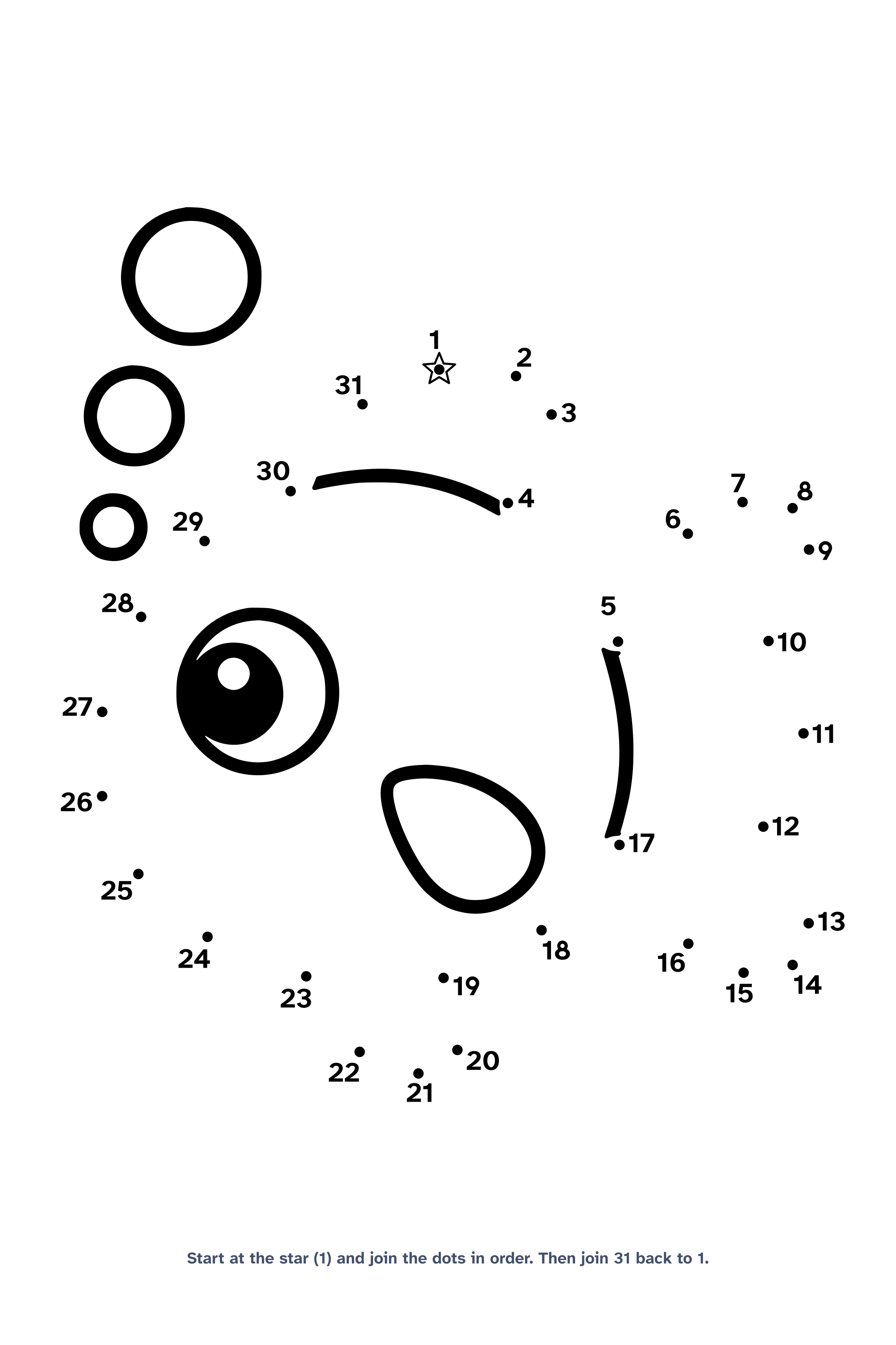 Dot to dot worksheet with 31 numbered dots that draw one big cute fish with three bubbles