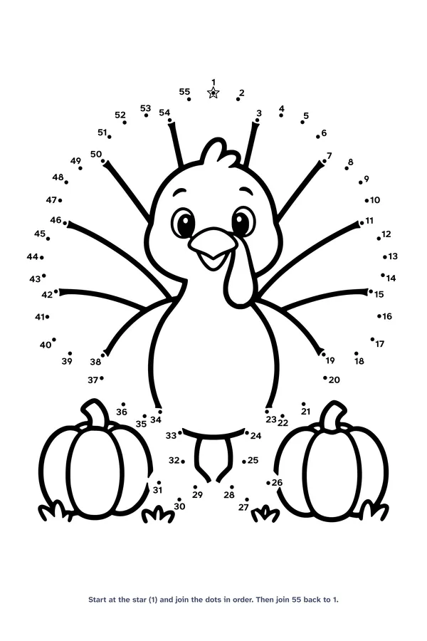 Dot to dot worksheet with 55 numbered dots that draw a smiling turkey standing between two pumpkins
