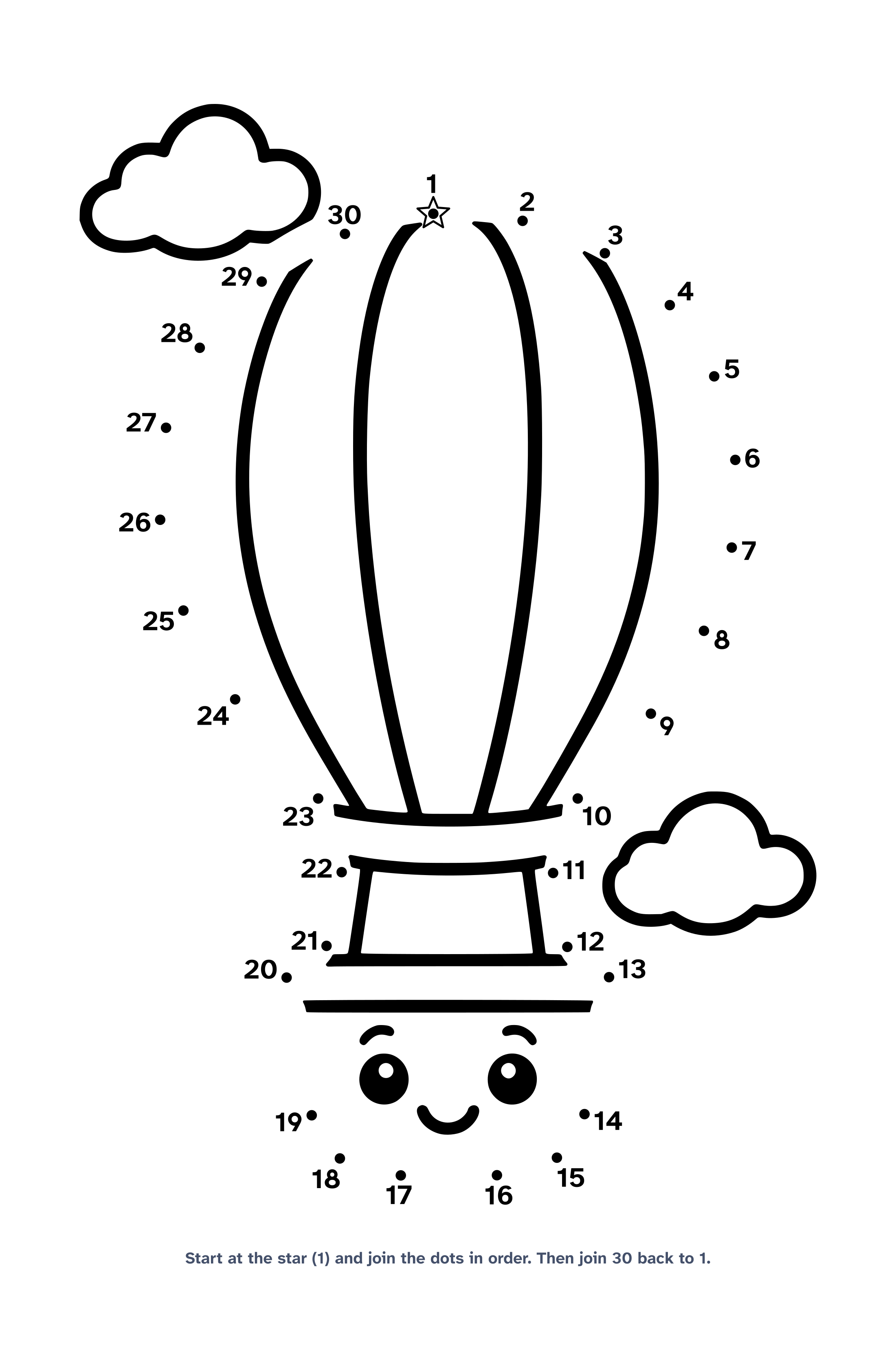 Dot to dot worksheet with 30 numbered dots that draw a striped hot air balloon with a smiling basket and two clouds