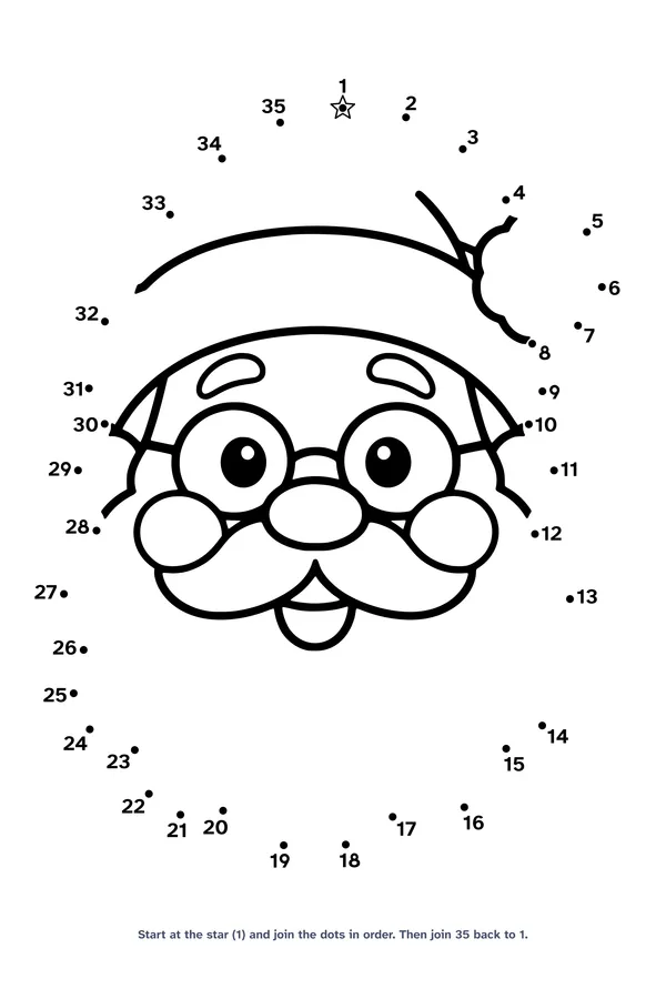 Dot to dot worksheet with 35 numbered dots that draw a big friendly Santa face with a pompom hat and curly beard