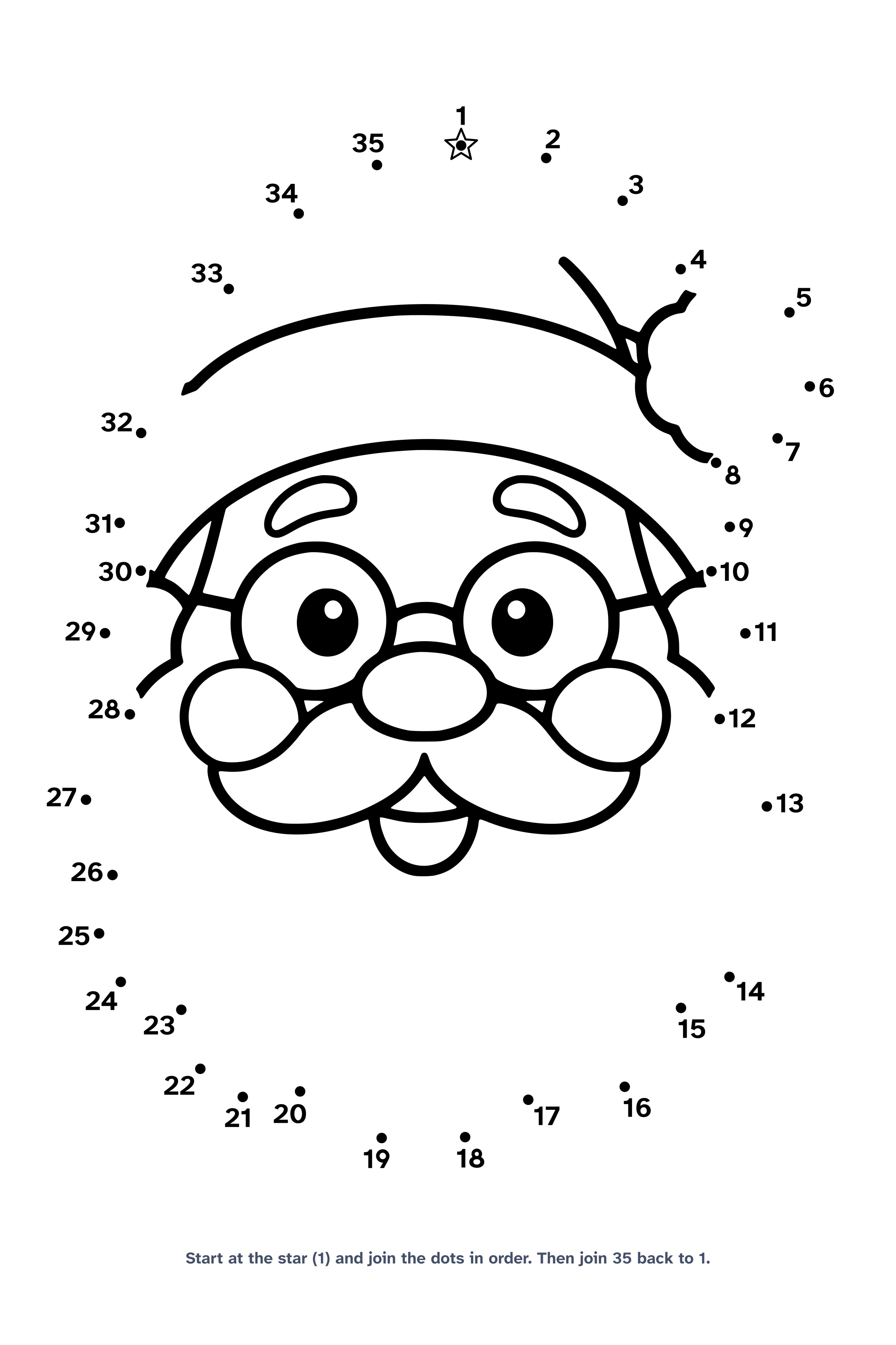 Dot to dot worksheet with 35 numbered dots that draw a big friendly Santa face with a pompom hat and curly beard