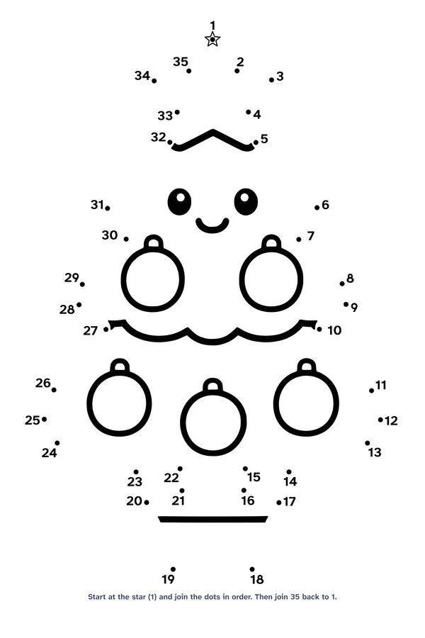 Dot to dot worksheet with 35 numbered dots that draw a simple three-layer Christmas tree with a star and big ornaments