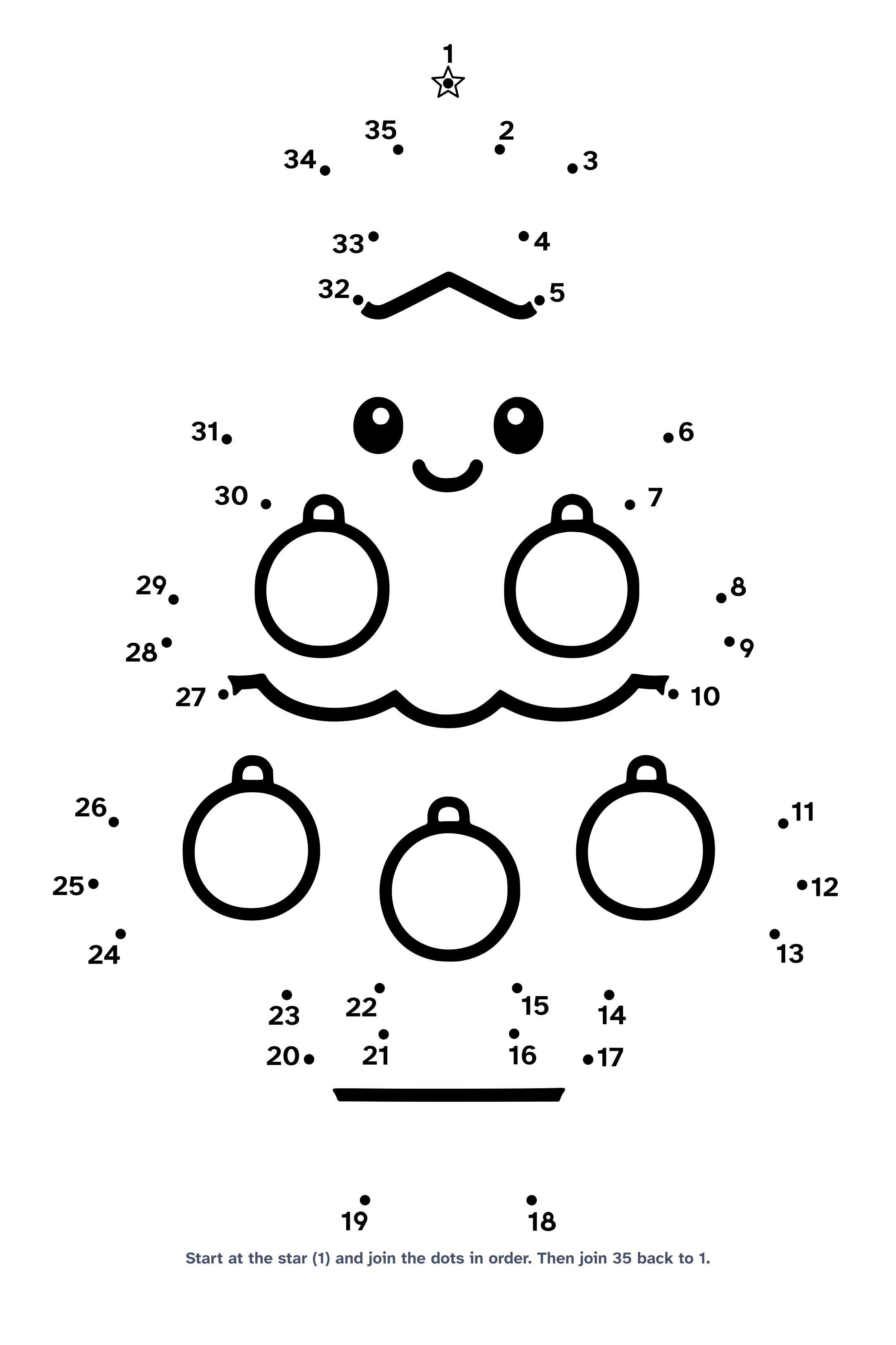 Dot to dot worksheet with 35 numbered dots that draw a simple three-layer Christmas tree with a star and big ornaments