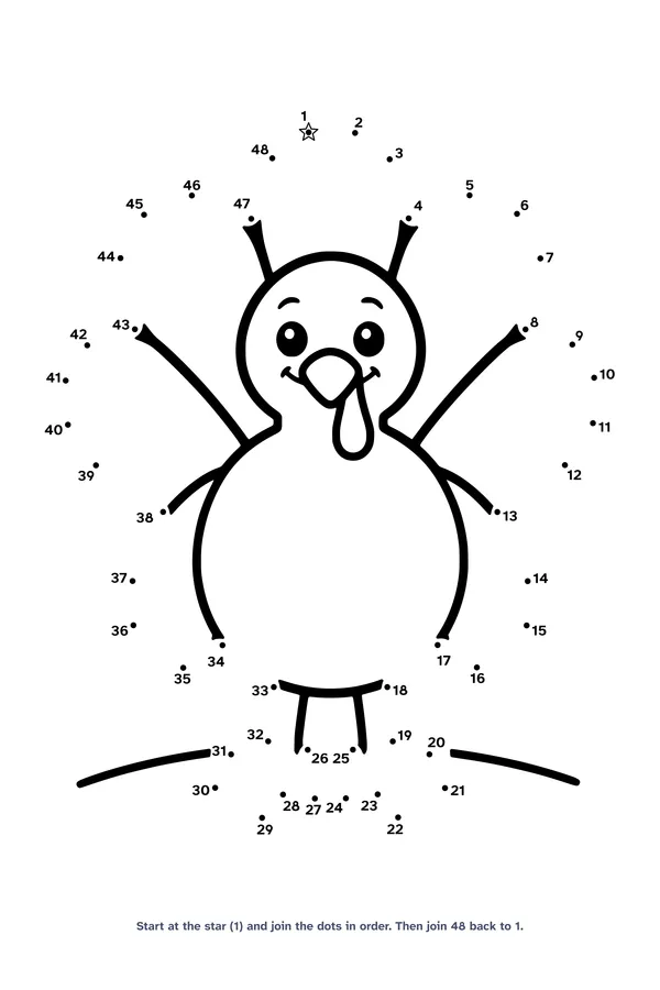 Dot to dot worksheet with 48 numbered dots that draw a simple round turkey with five big tail feathers