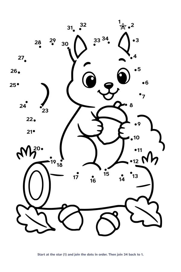 Dot to dot worksheet with 34 numbered dots that draw a cute squirrel holding an acorn while sitting on a log