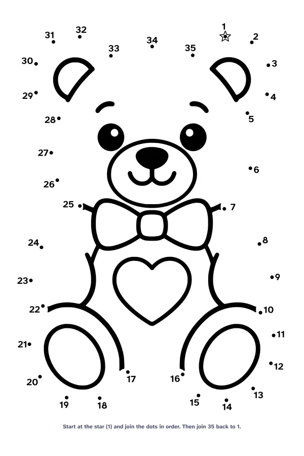 Dot to dot worksheet with 35 numbered dots that draw a smiling teddy bear with a bow tie