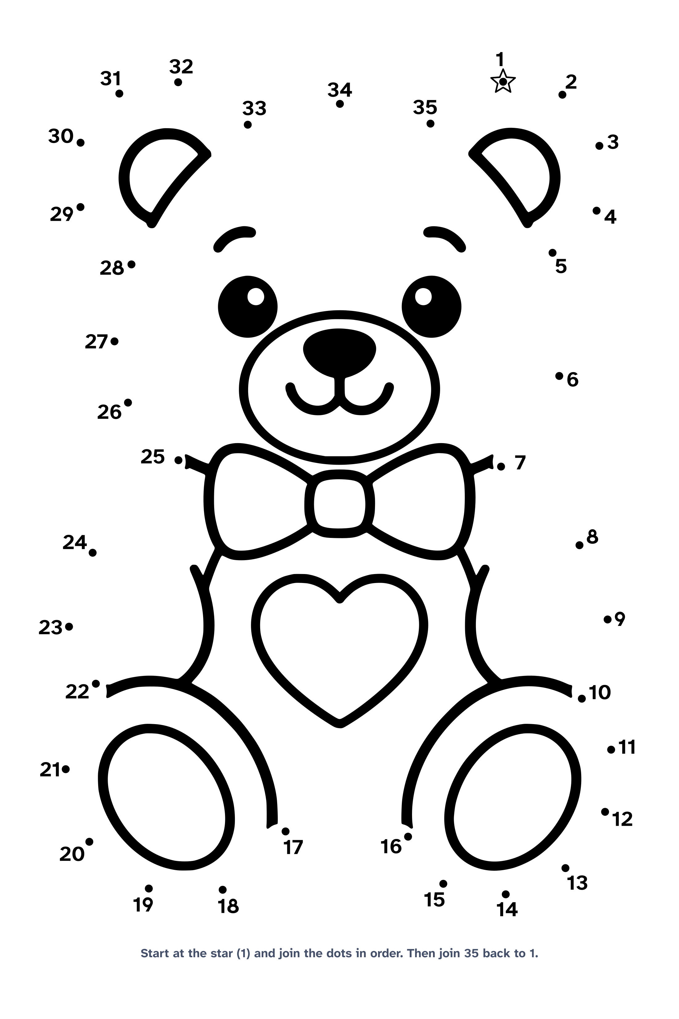Dot to dot worksheet with 35 numbered dots that draw a smiling teddy bear with a bow tie