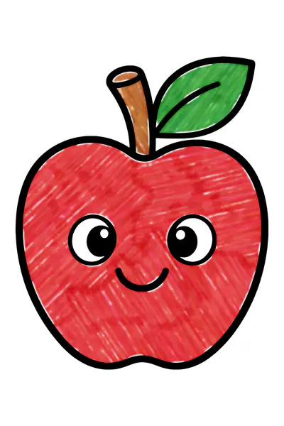 Apple coloring page, colored in with crayons