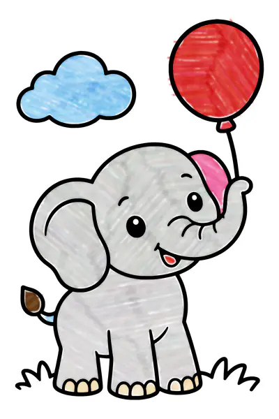 Cute baby elephant coloring page, colored in with crayons