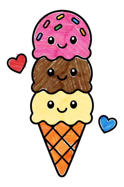 Cute ice cream coloring page, colored in with crayons