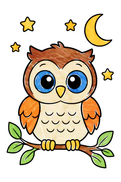 Cute owl coloring page, colored in with crayons