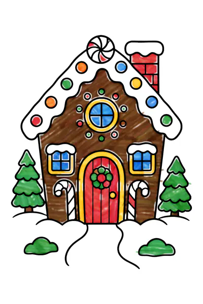 Gingerbread house coloring page, colored in with crayons