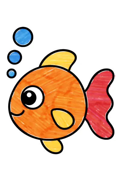 Fish coloring page, colored in with crayons