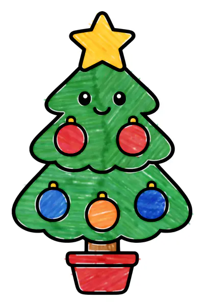 Simple Christmas tree coloring page, colored in with crayons