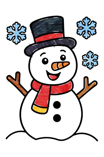 Snowman coloring page, colored in with crayons