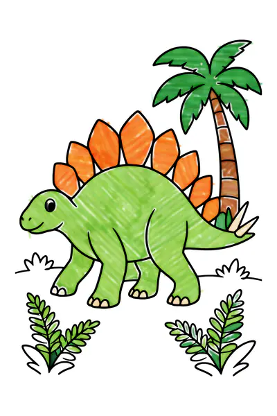 Stegosaurus coloring page, colored in with crayons