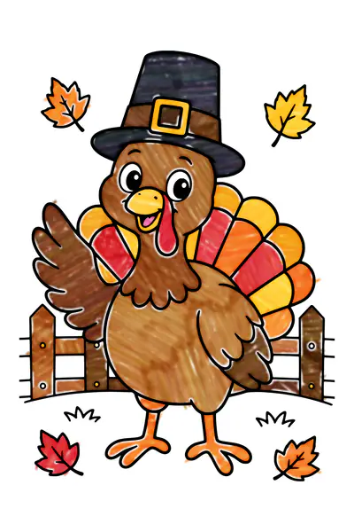 Turkey in a pilgrim hat coloring page, colored in with crayons