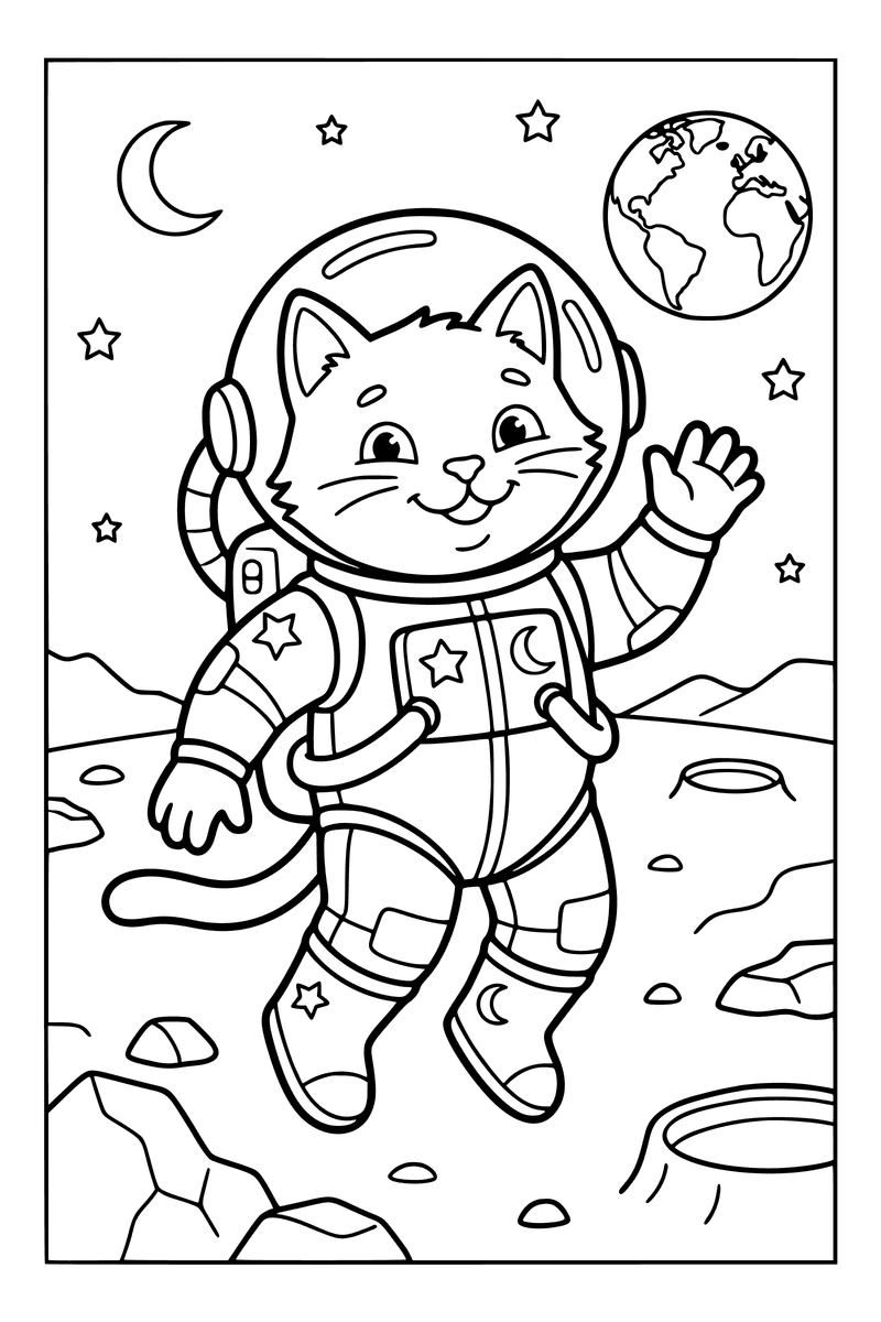 Coloring page of a cat in a space suit on the moon